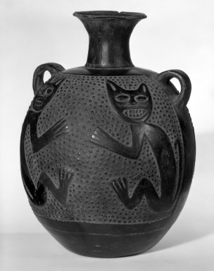 Chimú. <em>Jar with Small Looped Handles and Feline Design</em>, ca.1100-1400. Ceramic, 9 1/2 x 6 in. (24.1 x 15.2 cm). Brooklyn Museum, Museum Expedition 1941, Frank L. Babbott Fund, 41.1275.83. Creative Commons-BY (Photo: Brooklyn Museum, 41.1275.83_bw.jpg)