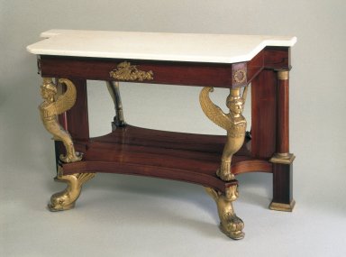 Charles-Honoré Lannuier (American, born France, 1779-1819). <em>Pier Table</em>, ca. 1815-1819. Marble, rosewood, ormolu, gesso, 36 x 55 7/8 x 21 1/4 in. (91.4 x 141.9 x 54.6 cm). Brooklyn Museum, Gift of the Pierrepont Family, 41.1. Creative Commons-BY (Photo: Brooklyn Museum, 41.1_IMLS_SL2.jpg)