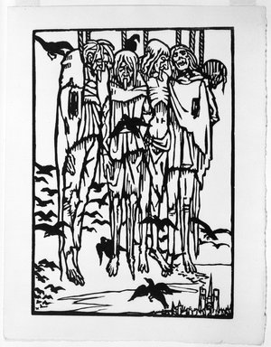 Émile Bernard (French, 1868-1941). <em>The Hanged</em>, 1918. Woodcut printed on laid paper, 11 1/16 x 7 11/16 in. (28.1 x 19.6 cm). Brooklyn Museum, Ella C. Woodward Memorial Fund, 41.217.3 (Photo: Brooklyn Museum, 41.217.3_bw.jpg)