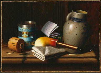 William Michael Harnett (American, 1848–1892). <em>Still Life with Three Castles Tobacco</em>, 1880. Oil on canvas, 10 3/4 x 15 in. (27.3 x 38.1 cm). Brooklyn Museum, Dick S. Ramsay Fund, 41.221 (Photo: Brooklyn Museum, 41.221_SL3.jpg)