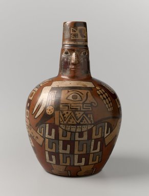 Wari. <em>Face Neck Jar</em>, 650–1000. Ceramic, slip, pigments, 7 x 4 1/2 x 4 1/2 in. (17.8 x 11.4 x 11.4 cm). Brooklyn Museum, Henry L. Batterman Fund, 41.418. Creative Commons-BY (Photo: Brooklyn Museum, 41.418_front_PS6.jpg)