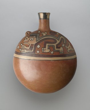 Wari. <em>Canteen-Shaped Vessel</em>, 650–1000. Ceramic, slip, pigments, 10 1/2 x 8 1/2 x 4 1/2 in. (26.7 x 21.6 x 11.4 cm). Brooklyn Museum, Henry L. Batterman Fund, 41.420. Creative Commons-BY (Photo: Brooklyn Museum, 41.420_side1_PS6.jpg)