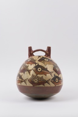 Nasca. <em>Double-Spout Jar</em>, 150–300 C.E. Ceramic, polychrome slip, 9 3/4 × 9 1/4 × 9 1/4 in. (24.8 × 23.5 × 23.5 cm). Brooklyn Museum, Henry L. Batterman Fund, 41.424. Creative Commons-BY (Photo: Brooklyn Museum, 41.424_front_PS20.jpg)
