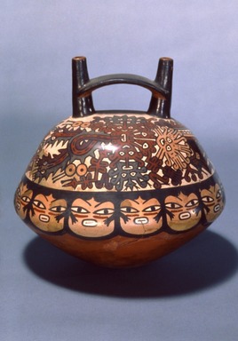 Nasca. <em>Double Spout and Bridge Bottle</em>, circa 600 C.E. Ceramic, pigment, 8 x 8 x 8 in. (20.3 x 20.3 x 20.3 cm). Brooklyn Museum, Henry L. Batterman Fund, 41.426. Creative Commons-BY (Photo: Brooklyn Museum, 41.426.jpg)