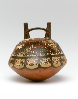 Nasca. <em>Double Spout and Bridge Bottle</em>, circa 600 C.E. Ceramic, pigment, 8 x 8 x 8 in. (20.3 x 20.3 x 20.3 cm). Brooklyn Museum, Henry L. Batterman Fund, 41.426. Creative Commons-BY (Photo: Brooklyn Museum, 41.426_front_PS1.jpg)