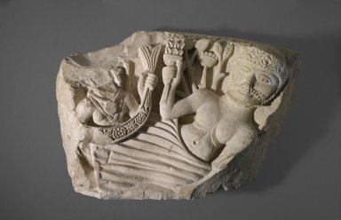 Coptic. <em>Part of an Arch with the Nile God and Earth Goddess</em>, 5th-6th century C.E. Limestone, pigment, 18 1/8 x 26 3/16 x 9 5/8 in. (46 x 66.5 x 24.5 cm). Brooklyn Museum, Charles Edwin Wilbour Fund, 41.891. Creative Commons-BY (Photo: Brooklyn Museum, 41.891_PS2.jpg)