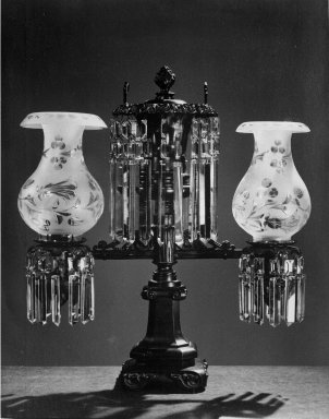  <em>Lamp, from a Set of Three</em>, 1835. Bronze, crystal prisms, frosted globes Brooklyn Museum, Dick S. Ramsay Fund, 41.976.1. Creative Commons-BY (Photo: , 41.976.1-3_view1_acetate_bw.jpg)