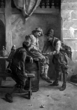 Jean Charles Meissonier (French, 1848-1917). <em>Tavern Scene</em>, 1888. Oil on canvas, 19 11/16 x 14 1/8 in. (50 x 35.9 cm). Brooklyn Museum, Gift of Mrs. William E. S. Griswold in memory of her father, John Sloane, 41.980.58 (Photo: Brooklyn Museum, 41.980.58_cropped_bw.jpg)