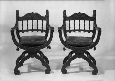 Herter Brothers (American, 1865–1905). <em>Pair of Armchairs (x-frame)                                    (Renaissance Revival style)</em>, ca. 1881. Mahogany, modern upholstery, 36 1/2 x 25 x 19 in. (92.7 x 63.5 x 48.3 cm). Brooklyn Museum, Gift of Mrs. William E. S. Griswold in memory of her father, John Sloane, 41.980.7a-b. Creative Commons-BY (Photo: Brooklyn Museum, 41.980.7a-b_acetate_bw.jpg)