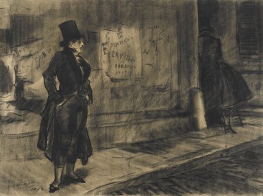 Everett Shinn (American, 1876-1953). <em>Frédérique Follows Her Husband, Illustration for Frédérique</em>, 1906. Black crayon (probably Conté) on beige, medium-weight, slightly textured wove paper., Sheet: 15 5/8 x 21 in. (39.7 x 53.3 cm). Brooklyn Museum, Dick S. Ramsay Fund, 42.101 (Photo: Brooklyn Museum, 42.101_PS4.jpg)