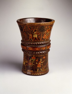 Quechua. <em>Qero Cup</em>, late 17th–18th century. Wood with pigment inlay, 7 7/8 x 6 1/8 x 6 1/8 in. (20 x 15.6 x 15.6 cm). Brooklyn Museum, A. Augustus Healy Fund, 42.149. Creative Commons-BY (Photo: Brooklyn Museum, 42.149_SL3.jpg)