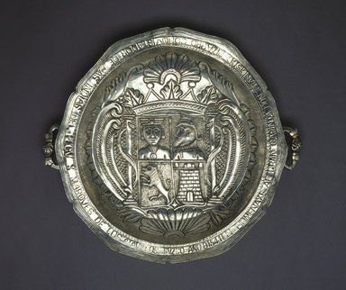 Unknown Peruvian. <em>Pizarro Commemorative Plate</em>, 19th century. Silver, Diameter: 15 3/4 in. (40 cm). Brooklyn Museum, Carll H. de Silver Fund, 42.14. Creative Commons-BY (Photo: Brooklyn Museum, 42.14_SL1.jpg)