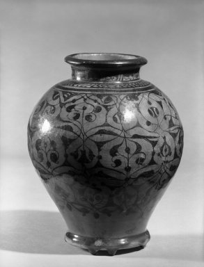  <em>Inverted Pear-Shaped Jar</em>, ca. 1200–1230. Ceramic; fritware, painted in black under a transparent cobalt blue glaze, 8 1/4 x 6 5/8 in. (21 x 16.8 cm). Brooklyn Museum, Gift of Mrs. Horace O. Havemeyer, 42.212.11. Creative Commons-BY (Photo: Brooklyn Museum, 42.212.11_acetate_bw.jpg)