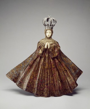 Hispano-Philippine. <em>Virgin</em>, probably 18th century. Wood, ivory, pigment, gilding, gessoed cloth, and silver, Figure and base: 36 x 27 1/2 x 14 1/8 in. (91.4 x 69.9 x 35.9 cm). Brooklyn Museum, Frank L. Babbott Fund, 42.384. Creative Commons-BY (Photo: Brooklyn Museum, 42.384_after_treatment_SL3.jpg)