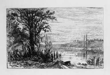 Eliza Greatorex (Irish, 1819-1897). <em>Pond at Cernay la Ville</em>, 1880. Etching on laid paper, 4 1/2 x 7 in. (11.5 x 17.8 cm). Brooklyn Museum, Gift of J. Oettinger, 43.117.7 (Photo: Brooklyn Museum, 43.117.7_bw.jpg)