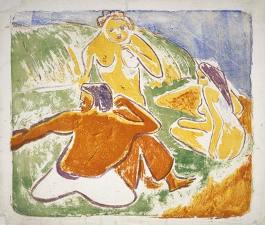 Ernst Ludwig Kirchner (German, 1880-1938). <em>Three Bathers on the Beach</em>, 1909. Color lithograph in red, yellow, green, blue and violet on wove paper, image: 20 x 23 1/2 in. (50.8 x 59.7 cm). Brooklyn Museum, By exchange, 43.124 (Photo: Brooklyn Museum, 43.124_SL1.jpg)