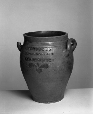 Clarkson Crolius. <em>Jar</em>, ca. 1800. Stoneware, 9 1/4 × 6 1/4 in. (23.5 × 15.9 cm). Brooklyn Museum, Gift of Arthur W. Clement, 43.128.10. Creative Commons-BY (Photo: Brooklyn Museum, 43.128.10_acetate_bw.jpg)
