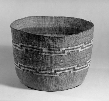 Tlingit. <em>Cylindrical Basket</em>, late 19th-early 20th century. Spruce root, natural dye, 7 1/2 x 10 1/4 in. (19 x 26 cm). Brooklyn Museum, Anonymous gift in memory of Dr. Harlow Brooks, 43.201.286. Creative Commons-BY (Photo: Brooklyn Museum, 43.201.286_acetate_bw.jpg)