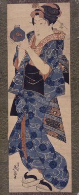 Eisen Keisai (Japanese, 1790-1848). <em>Beauty Holding a Goldfish Bowl</em>, ca. 1830-1840. Woodblock color print, Sheet: 28 x 11 1/2 in. (71.1 x 29.1 cm). Brooklyn Museum, Gift of Elizabeth Frothingham, 43.236.1 (Photo: Brooklyn Museum, 43.236.1_SL4.jpg)