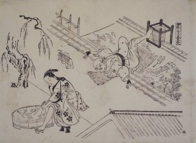 Okumura Masanobu (Japanese, 1686-1764). <em>The Immortal Kume as a Roof Thatcher, no. 5, from a series of Humorous Modern Versions of Traditional Subjects</em>, ca. 1710-1720. Woodblock print on paper, 10 3/4 x 14 5/8 in. (27.3 x 37.1 cm). Brooklyn Museum, 43.248 (Photo: Brooklyn Museum, 43.248.jpg)