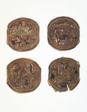 Coptic. <em>Roundel</em>, 5th century C.E. Linen, wool, 4 13/16 x Diam. 4 5/16 in. (12.2 x 10.9 cm). Brooklyn Museum, Charles Edwin Wilbour Fund, 44.143b. Creative Commons-BY (Photo: , 44.143a-d_transp1626.jpg)