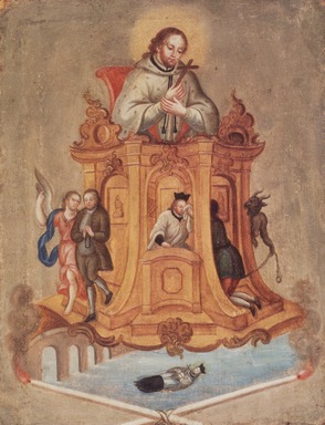 Unknown. <em>Saint John Nepomuk</em>, late 18th century. Oil on paper mounted to canvas, 9 1/2 x 7 1/4 in. (24.1 x 18.4 cm). Brooklyn Museum, Museum Expedition 1944, Purchased with funds given by the Estate of Warren S.M. Mead, 44.195.22 (Photo: Brooklyn Museum, 44.195.22.jpg)