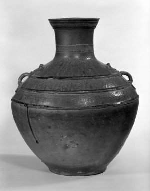  <em>Wine Storage Jar (Hu)</em>, 1st century B.C.E. Proto-porcelain (glazed earthenware), 17 1/4 x 14 1/8 in. (43.8 x 35.8 cm). Brooklyn Museum, Gift of Arthur Wiesenberger, 44.233. Creative Commons-BY (Photo: Brooklyn Museum, 44.233_bw.jpg)
