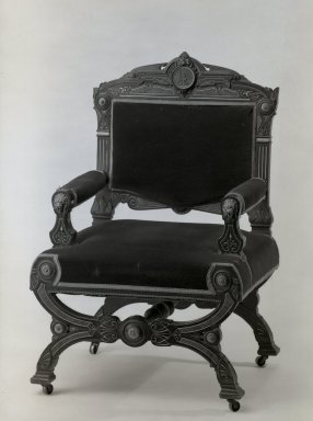 Possibly Solomon Fanning (American, 1790-1864). <em>Side chair (one of a set of four) Neo-Grec style</em>, ca. 1860-1862. Unidentified wood, walnut, metal, modern upholstery Brooklyn Museum, Gift of Bertha Fanning Taylor, 44.24.4. Creative Commons-BY (Photo: Brooklyn Museum, 44.24.3_bw_IMLS.jpg)