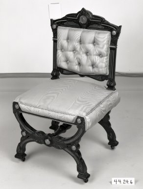 Possibly Solomon Fanning (American, 1790-1864). <em>Side chair (one of a set of four) Neo Grec style</em>, ca. 1860-1862. Unidentified wood, walnut, metal, modern upholstery Brooklyn Museum, Gift of Bertha Fanning Taylor, 44.24.7. Creative Commons-BY (Photo: Brooklyn Museum, 44.24.6_bw_IMLS.jpg)