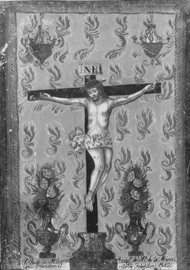 Unknown. <em>Painting Showing the Crucifixion</em>, 1842. Paint on tin, 14 x 10 in. (35.6 x 25.4 cm). Brooklyn Museum, Frank L. Babbott Fund, 44.47.1 (Photo: Brooklyn Museum, 44.47.1_bw.jpg)