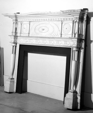 Unknown. <em>Mantelpiece</em>, ca. 1812. Pine wood with gray paint, white marble, 69 1/8 x 101 5/8 x 14 3/8 in. (175.6 x 258.1 x 36.5 cm). Brooklyn Museum, Gift of Mrs. Benjamin G. Hitchings, 44.55. Creative Commons-BY (Photo: Brooklyn Museum, 44.55_bw.jpg)