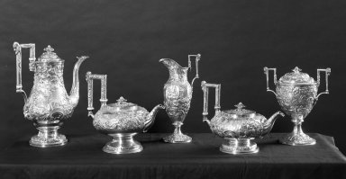 Samuel Kirk (American, 1793-1872). <em>Sugar Bowl</em>, ca. 1843. Silver, 9 x 8 1/4 x 5 1/4 in. (22.9 x 21 x 13.3 cm). Brooklyn Museum, Gift of Mr. and Mrs. Richman Proskauer, 44.60.4. Creative Commons-BY (Photo: Brooklyn Museum, 44.60.1_44.60.2_44.60.3_44.60.4_44.60.5_acetate_bw.jpg)