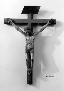 Unknown. <em>Crucifix</em>, late 18th-early 19th century. Wood, gesso, paint, Cross: 18 1/4 x 11 13/16in. (46.4 x 30cm). Brooklyn Museum, Henry L. Batterman Fund, 45.128.194. Creative Commons-BY (Photo: Brooklyn Museum, 45.128.194_bw.jpg)