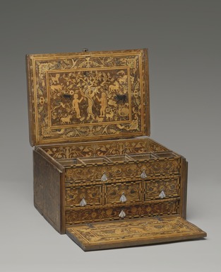  <em>Traveling Desk (Escritorio)</em>, early 18th century. Cedar or walnut, citrus and other wood inlays, and iron, 9 1/4 x 16 3/8 x 12 in. (23.5 x 41.6 x 30.5 cm). Brooklyn Museum, Gift of Leo E. Fleischman, 45.175.5. Creative Commons-BY (Photo: Brooklyn Museum, 45.175.5_PS4.jpg)