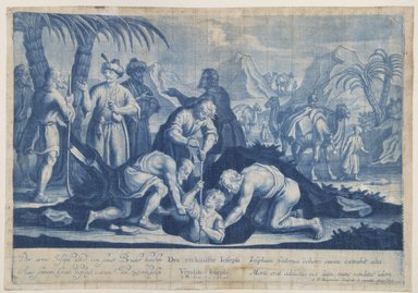 Georg Philipp Rugendas I (German, 1666-1742). <em>Story of Joseph, Plate 79</em>. Mezzotint in blue ink, 10 5/16 × 14 13/16 in. (26.2 × 37.6 cm). Brooklyn Museum, Gift of Mr. and Mrs. Rudolph Tiktin, 45.8.1 (Photo: Brooklyn Museum, 45.8.1_view1_PS12.jpg)