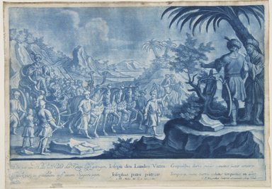 Georg Philipp Rugendas I (German, 1666–1742). <em>Story of Joseph, Plate 84</em>. Mezzotint in blue ink, 10 1/2 × 14 3/4 in. (26.7 × 37.5 cm). Brooklyn Museum, Gift of Mr. and Mrs. Rudolph Tiktin, 45.8.6 (Photo: Brooklyn Museum, 45.8.6_view1_PS12.jpg)