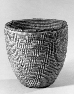 Klikitat. <em>Imbricated Basket</em>, early 20th century. Fiber, rawhide, 7 1/2 x 8 1/8 x 8 1/8 in. (19 x 20.7 x 20.7 cm). Brooklyn Museum, Gift of Pratt Institute, 46.136.3. Creative Commons-BY (Photo: Brooklyn Museum, 46.136.3_acetate_bw.jpg)