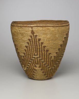 Klikitat. <em>Imbricated Basket</em>, late 19th or early 20th century. Cedar root, bear grass, horsetail root dye, rawhide, 15 x 15 x 15 in. (38.1 x 38.1 x 38.1 cm). Brooklyn Museum, Charles Stewart Smith Memorial Fund, 46.193.1. Creative Commons-BY (Photo: Brooklyn Museum, 46.193.1_PS1.jpg)