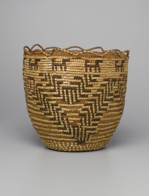 Skokomish, Coast Salish. <em>Basket</em>, late 19th or early 20th century. Cedar root, bark, grass, dye, 10 1/4 x 10 5/8 x 10 5/8 in. (26 x 27 x 27 cm). Brooklyn Museum, Charles Stewart Smith Memorial Fund, 46.193.7. Creative Commons-BY (Photo: Brooklyn Museum, 46.193.7_PS1.jpg)