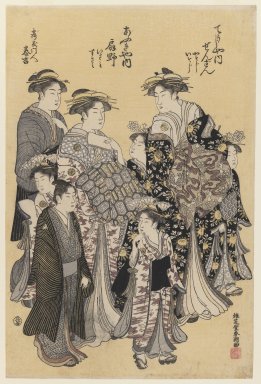 Yushid-o Shuncho (Japanese). <em>Yoshiwara Procession</em>, ca. 1788. Color woodblock print on paper, 15 7/16 x 10 1/4 in. (39.2 x 26 cm). Brooklyn Museum, Gift of Louis V. Ledoux, 46.72 (Photo: Brooklyn Museum, 46.72_IMLS_PS3.jpg)