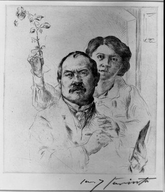 Lovis Corinth (German, 1858-1925). <em>Self-Portrait with Wife (Selbstbildnis mit Gattin)</em>, 1904. Drypoint on laid paper, Image (Plate): 7 11/16 x 6 15/16 in. (19.5 x 17.6 cm). Brooklyn Museum, Gift of Lewis Turner, 47.139.9 (Photo: Brooklyn Museum, 47.139.9_acetate_bw.jpg)