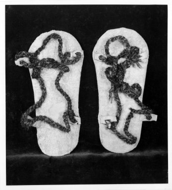 Inca. <em>Pair of Sandals</em>, 1400-1532. Camelid fiber, animal hide, 7 × 3 1/4 × 1/2 in. (17.8 × 8.3 × 1.3 cm). Brooklyn Museum, Frank L. Babbott Fund, 47.16.3a-b. Creative Commons-BY (Photo: Brooklyn Museum, 47.16.3_bw.jpg)