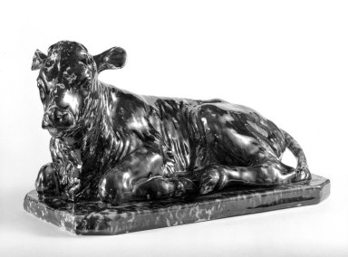 Abraham Cadmus. <em>Statuette of a Recumbent Bull Calf</em>, 1849-1854. Earthenware, 6 1/4 × 10 3/16 × 5 1/2 in. (15.9 × 25.9 × 14 cm). Brooklyn Museum, Dick S. Ramsay Fund, 47.40. Creative Commons-BY (Photo: Brooklyn Museum, 47.40_bw.jpg)