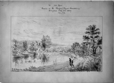 William Rickarby Miller (American, 1818–1893). <em>Sunrise on the Rondout Canal, Rosendale, N.Y.</em>, July 22, 1887. Pen, ink, wash and graphite on paper, Sheet: 10 13/16 x 15 in. (27.5 x 38.1 cm). Brooklyn Museum, Dick S. Ramsay Fund, 47.7.1 (Photo: Brooklyn Museum, 47.7.1_bw_IMLS.jpg)