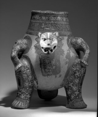 Greater Nicoya. <em>Jaguar Effigy Vessel</em>, 1000–1350 CE. Ceramic, pigment, 13 3/8 x 10 13/16 in. (34 x 27.5 cm). Brooklyn Museum, A. Augustus Healy Fund, 48.140.2. Creative Commons-BY (Photo: Brooklyn Museum, 48.140.2_view1_acetate_bw.jpg)