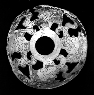 Huastec. <em>Pectoral</em>, ca.1250-1521. Shell, 3 9/16 x 13/16 x 3 9/16 in. (9 x 2.1 x 9 cm). Brooklyn Museum, By exchange, 48.149. Creative Commons-BY (Photo: Brooklyn Museum, 48.149_acetate_bw.jpg)