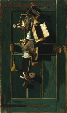 John Frederick Peto (American, 1854-1907). <em>Door with Lanterns</em>, late 1880s. Oil on canvas, 49 13/16 x 29 7/8 in. (126.5 x 75.9 cm). Brooklyn Museum, Dick S. Ramsay Fund, 48.166 (Photo: Brooklyn Museum, 48.166_reference_SL1.jpg)
