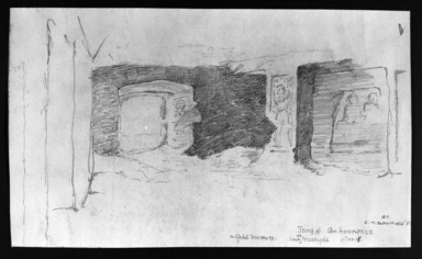 Edwin Howland Blashfield (American, 1848–1936). <em>Nag el Mesheikh, Tomb of Anhoormes</em>, January 17, 1887. Graphite on paper mounted to paperboard, Sheet: 8 7/16 x 14 1/8 in. (21.4 x 35.9 cm). Brooklyn Museum, Gift of John H. Field, 48.217.10 (Photo: Brooklyn Museum, 48.217.10_bw.jpg)