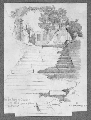 Edwin Howland Blashfield (American, 1848-1936). <em>Erment, South of Luxor, Landing Stairs on Westbank</em>, 1887. Graphite on paper mounted to paperboard, Sheet: 10 5/8 x 7 7/8 in. (27 x 20 cm). Brooklyn Museum, Gift of John H. Field, 48.217.11 (Photo: Brooklyn Museum, 48.217.11_bw.jpg)