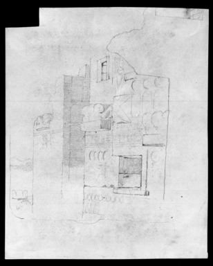 Edwin Howland Blashfield (American, 1848–1936). <em>Medinet Habu, Fortified Gate</em>, n.d. Graphite on paper mounted to brown paperboard, Sheet (irregular): 13 1/8 x 10 11/16 in. (33.3 x 27.1 cm). Brooklyn Museum, Gift of John H. Field, 48.217.12 (Photo: Brooklyn Museum, 48.217.12_bw.jpg)